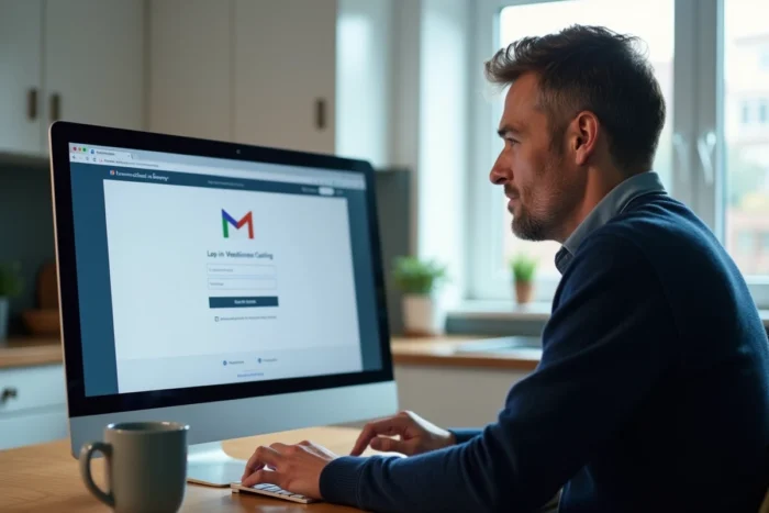 Homme accédant à sa messagerie webmail depuis son domicile sur un ordinateur de bureau
