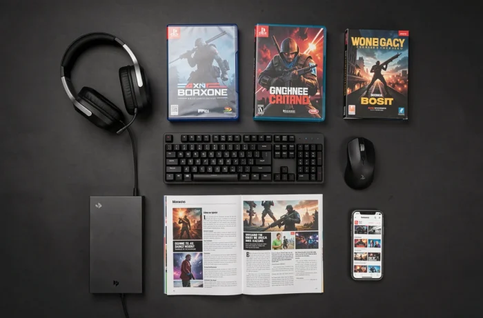 Vue aérienne d'accessories gaming et magazines de jeux vidéo disposés sur un bureau sombre pour illustration éditoriale