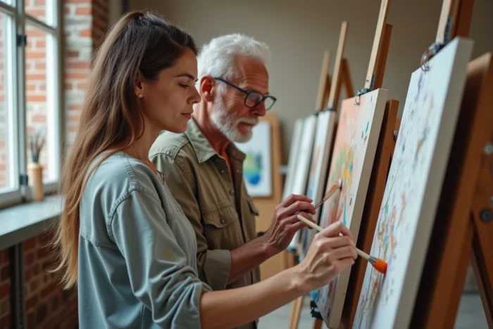 Une femme et un homme âgé peignant ensemble dans un atelier d'art communautaire avec des chevalets et des pinceaux