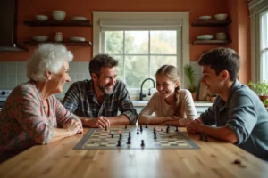 Famille multigénérationnelle jouant à un jeu de société autour d'une table en bois dans une cuisine chaleureuse