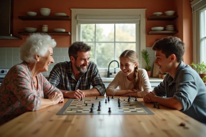 Famille multigénérationnelle jouant à un jeu de société autour d'une table en bois dans une cuisine chaleureuse