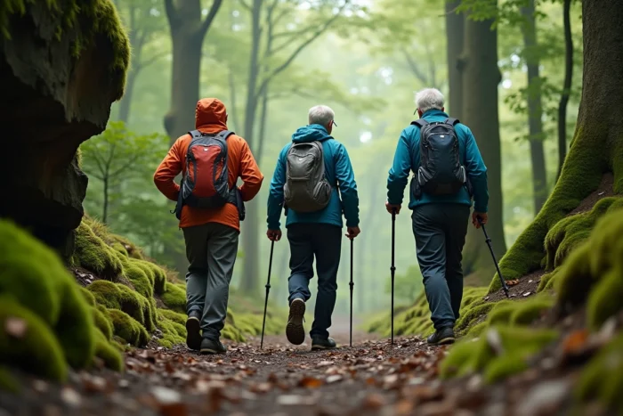 Groupe d'adultes en randonnée dans une forêt dense, observant des rochers couverts de mousse sur un sentier naturel
