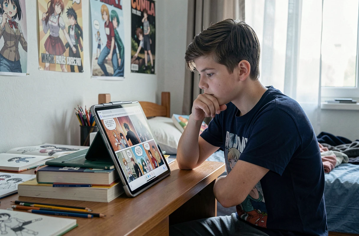 Adolescent concentré lisant une série webtoon sur une tablette posée sur un bureau en bois dans une chambre d'étudiant