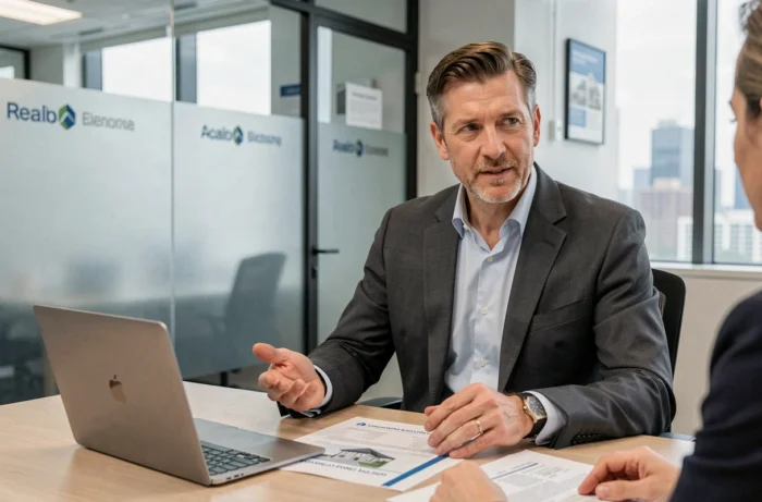 Agent immobilier expliquant une estimation de bien sous-évaluée à un client autour d'un rapport imprimé dans une agence moderne