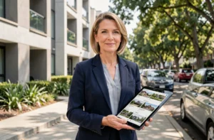 Agent immobilière professionnelle tenant une tablette avec des annonces immobilières devant un immeuble résidentiel moderne