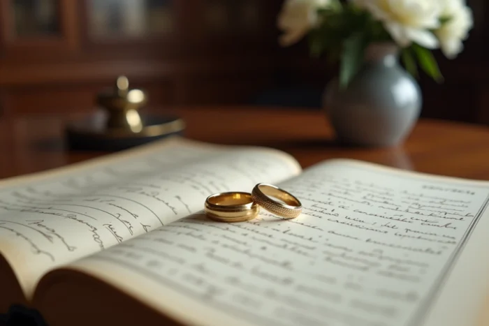 Deux alliances posées sur un registre d'état civil français, symbolisant le choix du mariage civil ou religieux