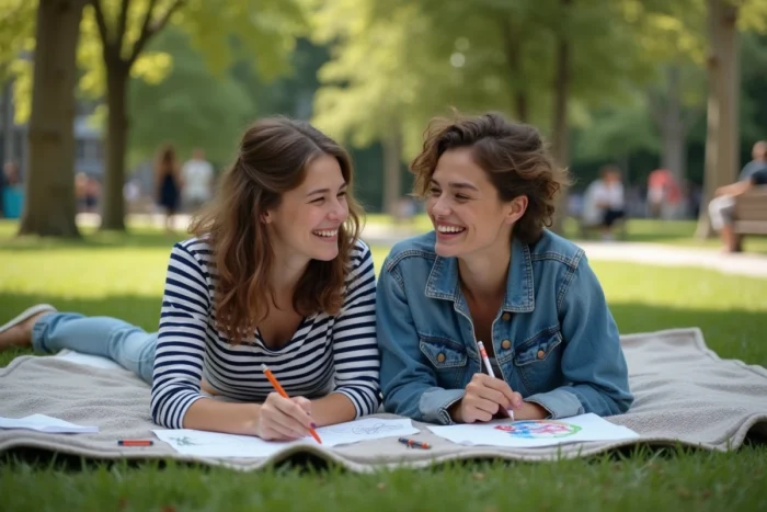 Deux amies dessinant dans des carnets de croquis sur une couverture de pique-nique dans un parc urbain, moment de loisir créatif et convivial en plein air