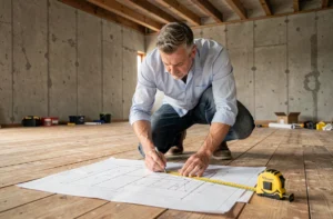 Architecte mesurant la surface d'une pièce aux quatre côtés inégaux avec un mètre ruban sur un plan au sol