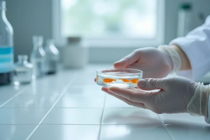 Chercheur tenant une boîte de Pétri avec des artémias vivants en laboratoire, crustacés transparents visibles dans l'eau salée