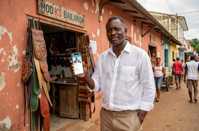 Artisan malgache présentant le profil numérique de sa boutique sur une plateforme dédiée aux entreprises locales