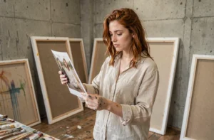 Jeune artiste contemplant une photographie dans un atelier d'art minimaliste aux murs en béton brut