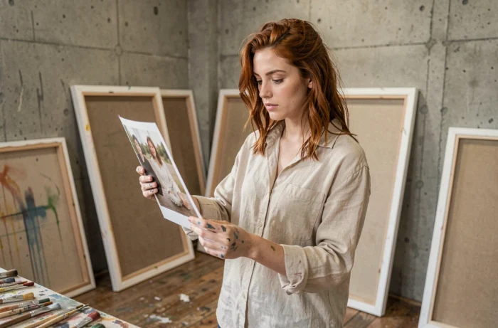 Jeune artiste contemplant une photographie dans un atelier d'art minimaliste aux murs en béton brut