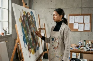 Artiste multidisciplinaire Astrée Lhermitte-Soka dans son atelier devant une grande toile colorée