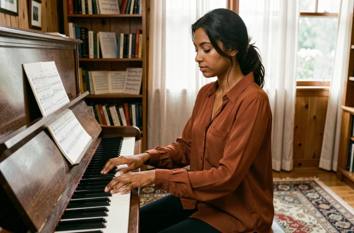 Astrée Lhermitte-Soka jouant du piano dans une salle de musique vintage et chaleureuse