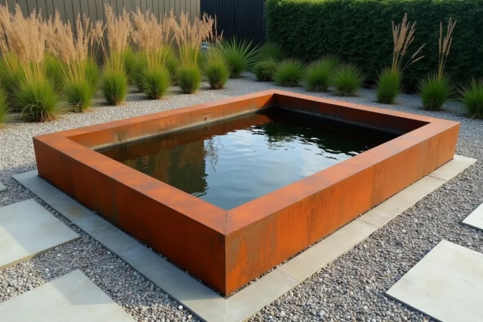 Bassin d'ornement minimaliste en acier corten avec reflets dans un jardin contemporain