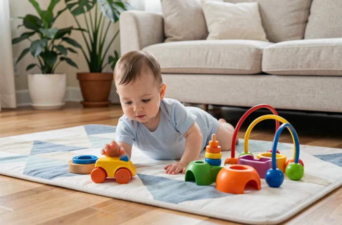 Bébé de six mois en body bleu jouant avec des jouets d'éveil sur un tapis de jeu coloré dans un salon moderne