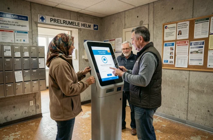 Résidents d'un immeuble HLM utilisant une borne numérique IA pour accéder aux services de logement social