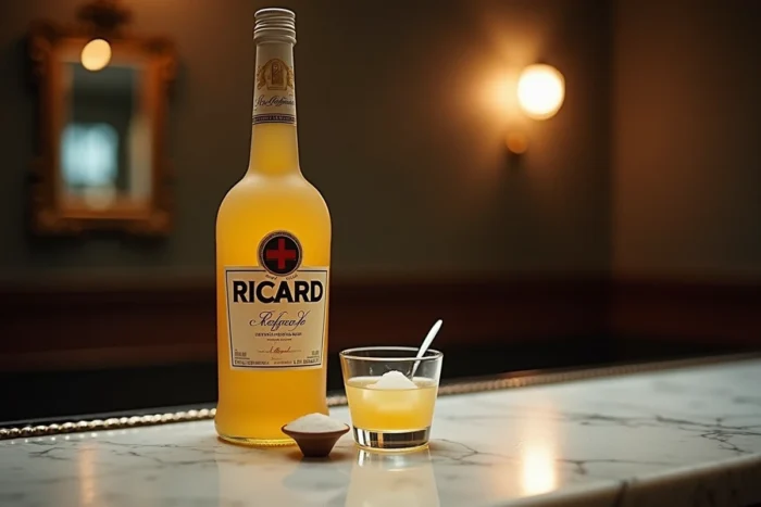 Bouteille de Ricard posée sur un comptoir en marbre avec morceau de sucre et cuillère, intérieur de brasserie française
