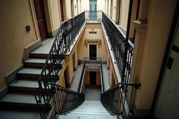 Vue en contre-plongée de la cage d'escalier d'un immeuble parisien avec étages multiples et rampes en fer forgé