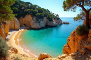 Vue panoramique de la plage secrète de Cala Tavallera en Espagne, entourée de falaises calcaires et de pins méditerranéens