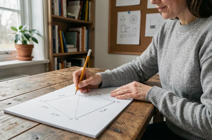 Femme calculant la surface d'un quadrilatère à quatre côtés inégaux sur du papier quadrillé avec règle et crayon