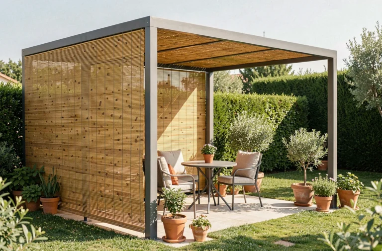 Pergola de jardin équipée d'une canisse en bambou naturel comme brise-vue, avec table et chaises en métal dans un jardin soigné