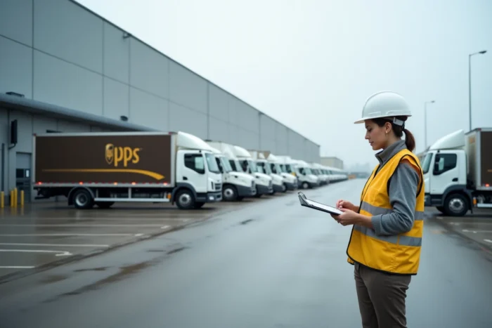 Vue extérieure du centre de tri UPS à Corbeil-Essonnes avec camions de livraison aux quais de chargement