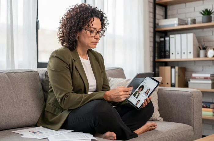 Femme cheffe d'entreprise consultant une tablette avec une page e-commerce dans un salon aménagé en espace de travail, entourée de ressources imprimées pour développer son business en ligne