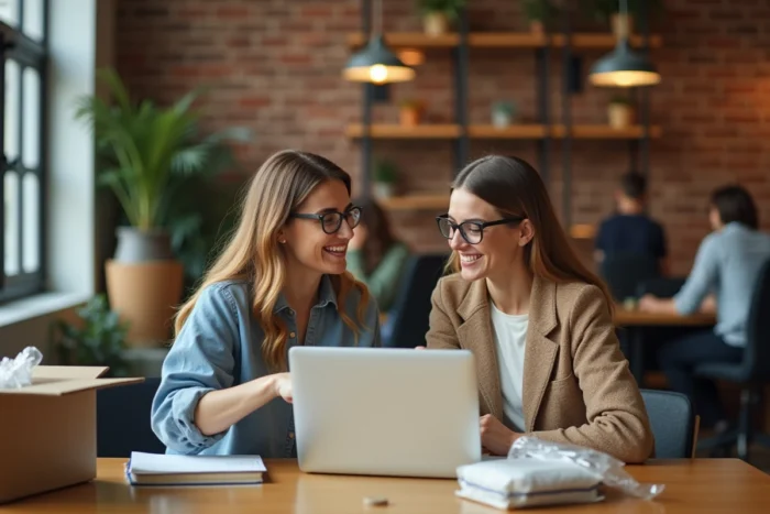 Deux femmes cherchant du papier bulle gratuit sur un site d'échange communautaire en ligne dans un espace de coworking