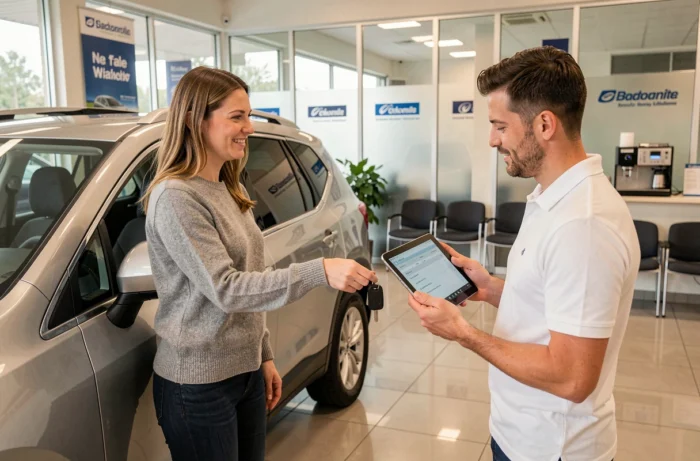 Propriétaire de voiture remettant ses clés à un conseiller en concession pour un problème de boîte automatique EAT8