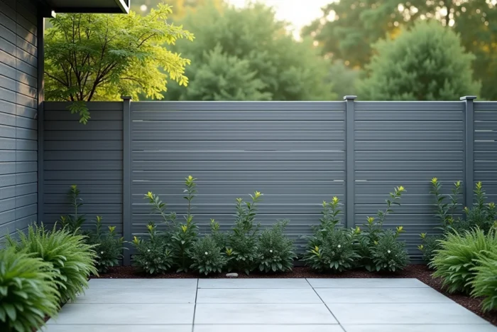 Clôture de jardin en panneaux aluminium à lames orientables dans un aménagement contemporain