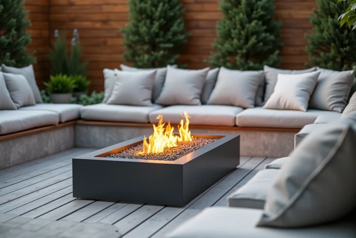 Coin détente avec foyer extérieur intégré dans un banc béton sur une terrasse de jardin contemporain