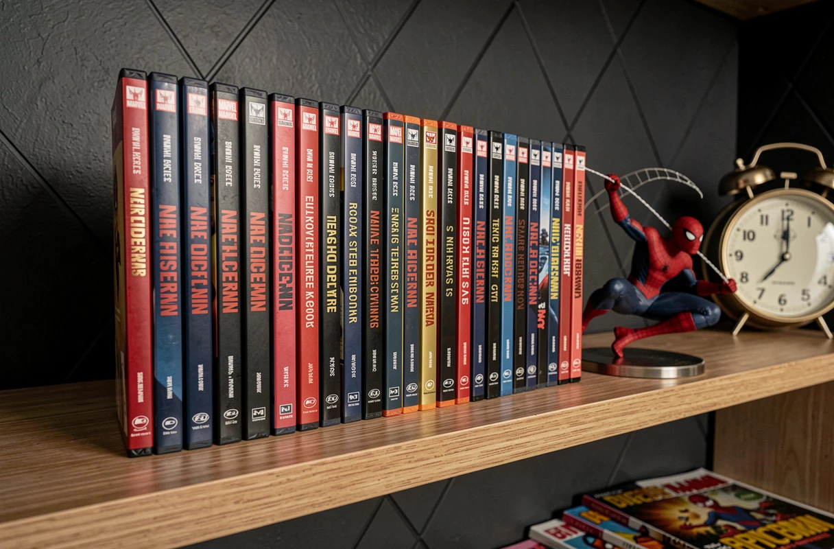 Collection de blu-rays des films Spider-Man avec Tom Holland rangés en ordre chronologique sur une étagère