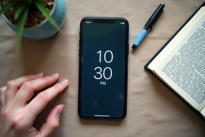 Gros plan d'un smartphone affichant les heures AM et PM côte à côte posé sur un bureau avec un dictionnaire ouvert