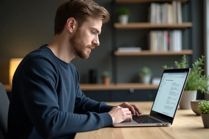 Homme configurant le serveur IMAP Gmail sur un ordinateur portable dans un bureau à domicile moderne