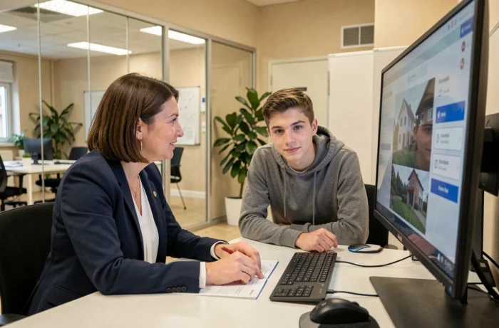 Conseillère en logement social aidant un couple via une interface IA dans un bureau administratif en France