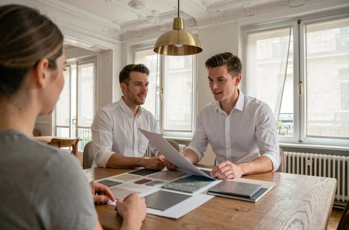 Consultant en décoration d'intérieur présentant des planches d'inspiration et des matériaux à des clients dans un appartement haussmannien