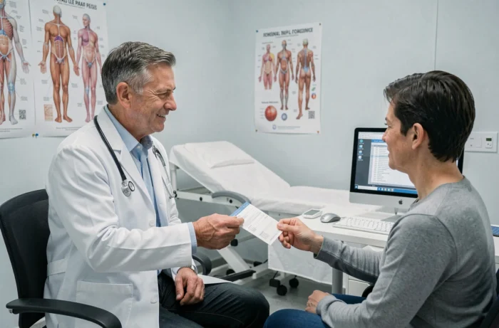 Médecin remettant une ordonnance à un patient dans le cadre d'une consultation remboursée par la mutuelle