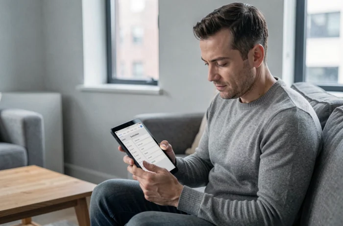 Homme consultant le plan de site d'un site web sur une tablette dans un salon moderne