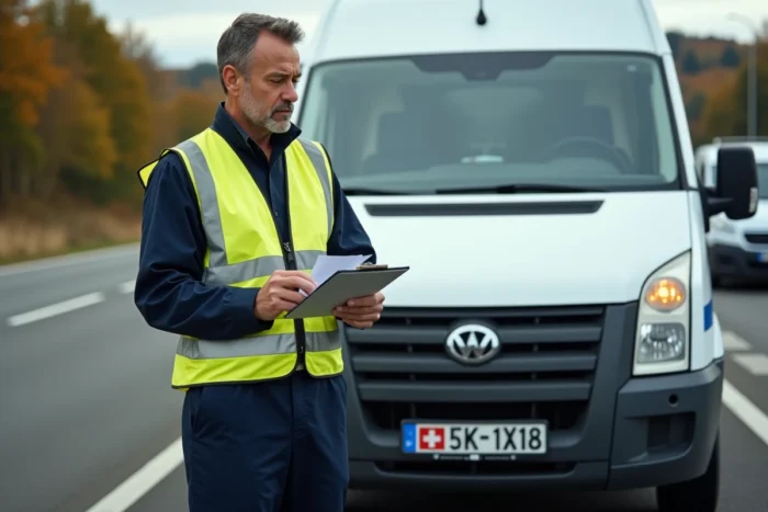 Agent officiel inspectant une plaque d'immatriculation suisse sur un véhicule de location à un point de contrôle routier européen