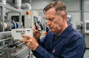 Contrôleur qualité examinant un label 'Made in EEC' sur un produit en céramique dans une usine moderne