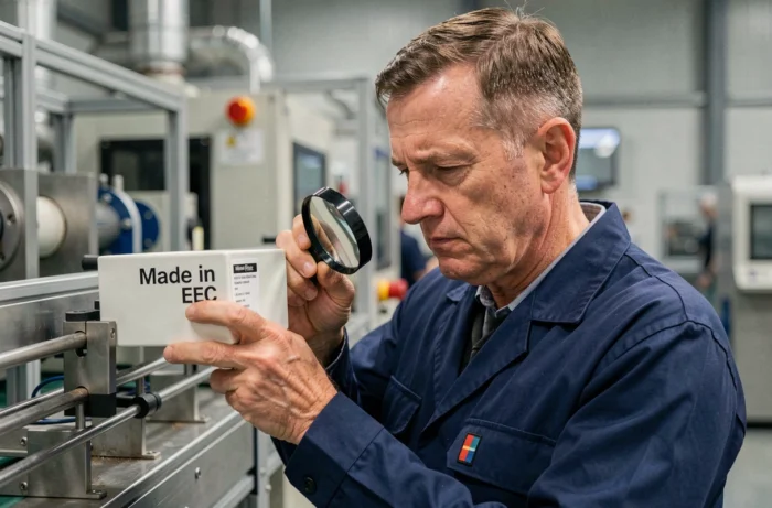 Contrôleur qualité examinant un label 'Made in EEC' sur un produit en céramique dans une usine moderne