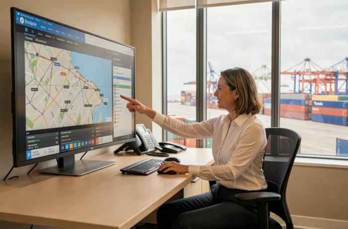 Coordinatrice de fret analysant des données de suivi de cargaison dans un centre de contrôle portuaire moderne