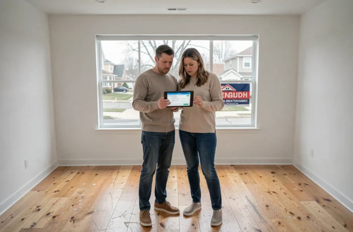 Couple examinant une estimation immobilière sur tablette dans une maison vide à vendre avec une expression préoccupée