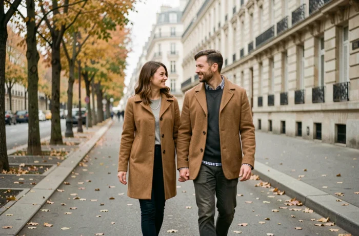 Couple élégant marchant côte à côte sur un boulevard parisien en automne, symbolisant la solidité d'une relation face aux rumeurs