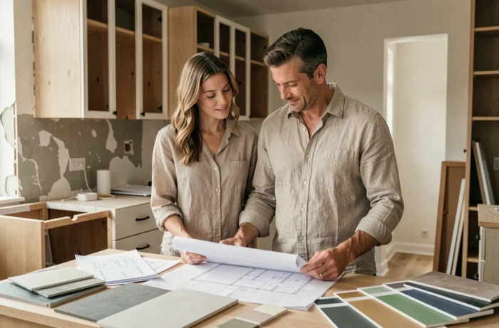 Couple étudiant des plans de rénovation dans une cuisine en travaux, échantillons de matériaux et blueprints étalés sur le plan de travail