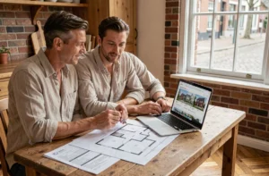 Couple belge consultant des plans immobiliers et des documents de projet dans une maison bruxelloise