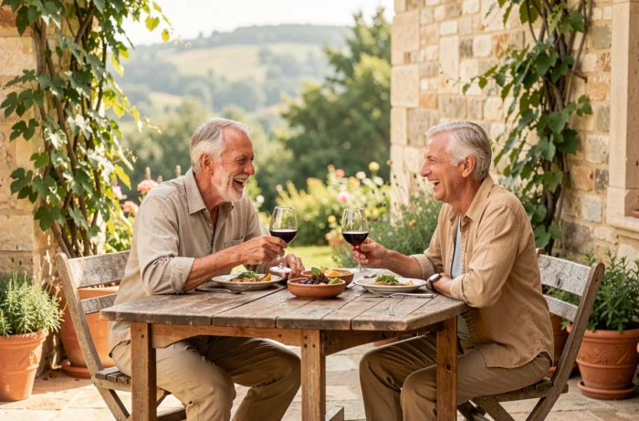 Couple de retraités savourant un repas convivial sur la terrasse de leur maison de campagne en France