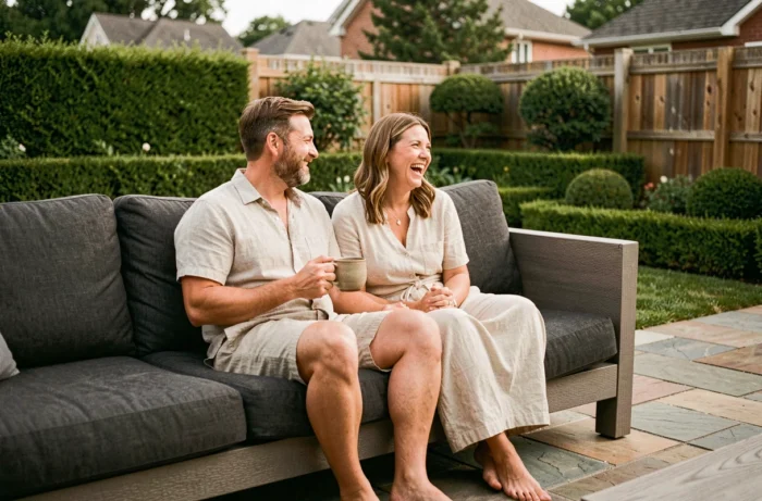 Couple détendu profitant d'un salon de jardin confortable sur une grande terrasse dallée en pierre