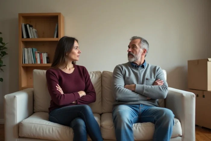 Couple en cours de séparation assis à distance l'un de l'autre dans un appartement en cours de déménagement en France